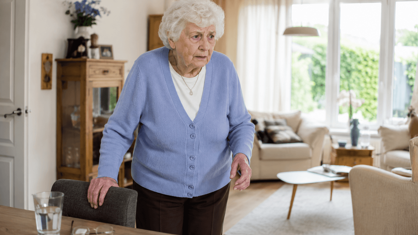 Oudere vrouw staat onzeker op in de woonkamer als voorbeeld van angst om te vallen bij ouderen.